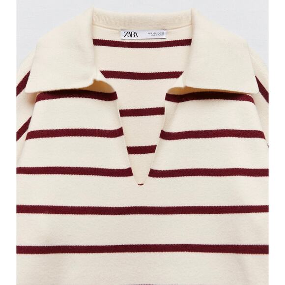 NWT Zara Oversized Striped Knit Polo Sweater Ecru Red Size Small Collared Top - Picture 10 of 16